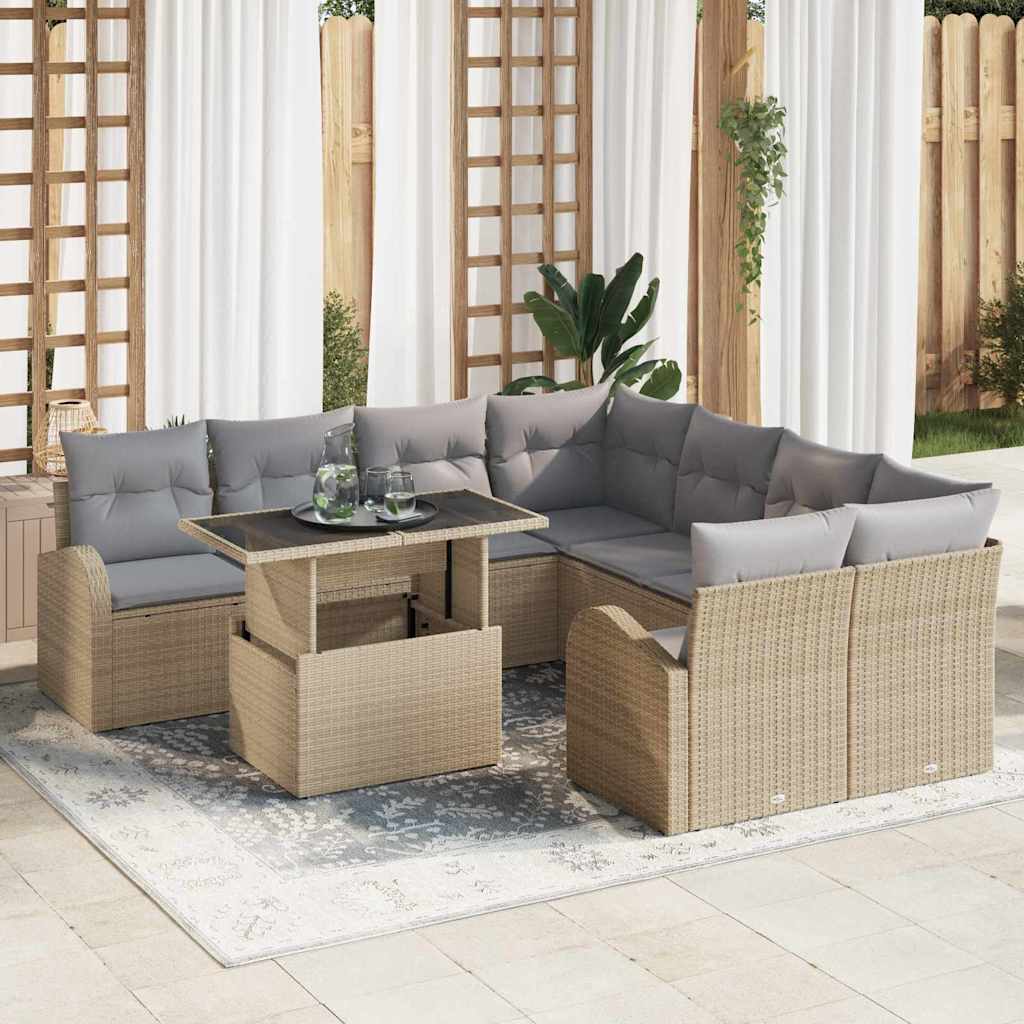Tuin Sofa Set met kussen met opslag 9 pcs Beige Poly Rattan is nu te koop bij PeponiXL, paradijselijk wonen!