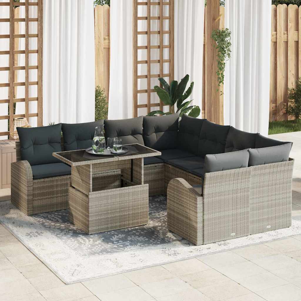 Tuin Sofa Set met kussen 9 pcs Lichtgrijs Poly Rattan is nu te koop bij PeponiXL, paradijselijk wonen!