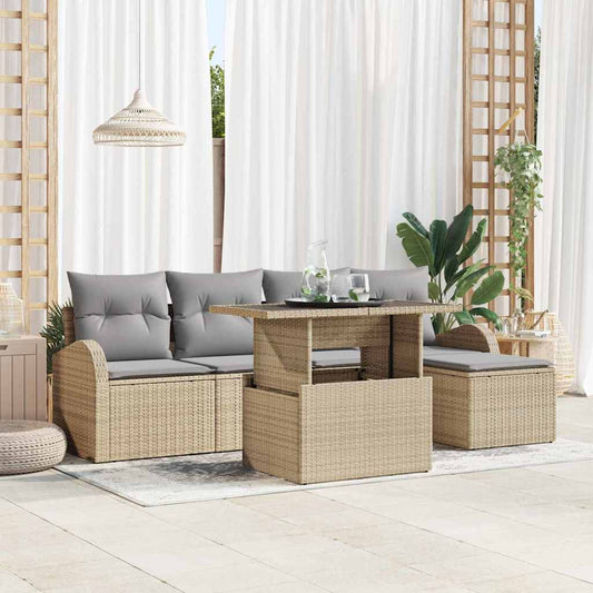 Tuin Sofa Set met kussen met opslag 6 pcs Beige Poly riet is nu te koop bij PeponiXL, paradijselijk wonen!