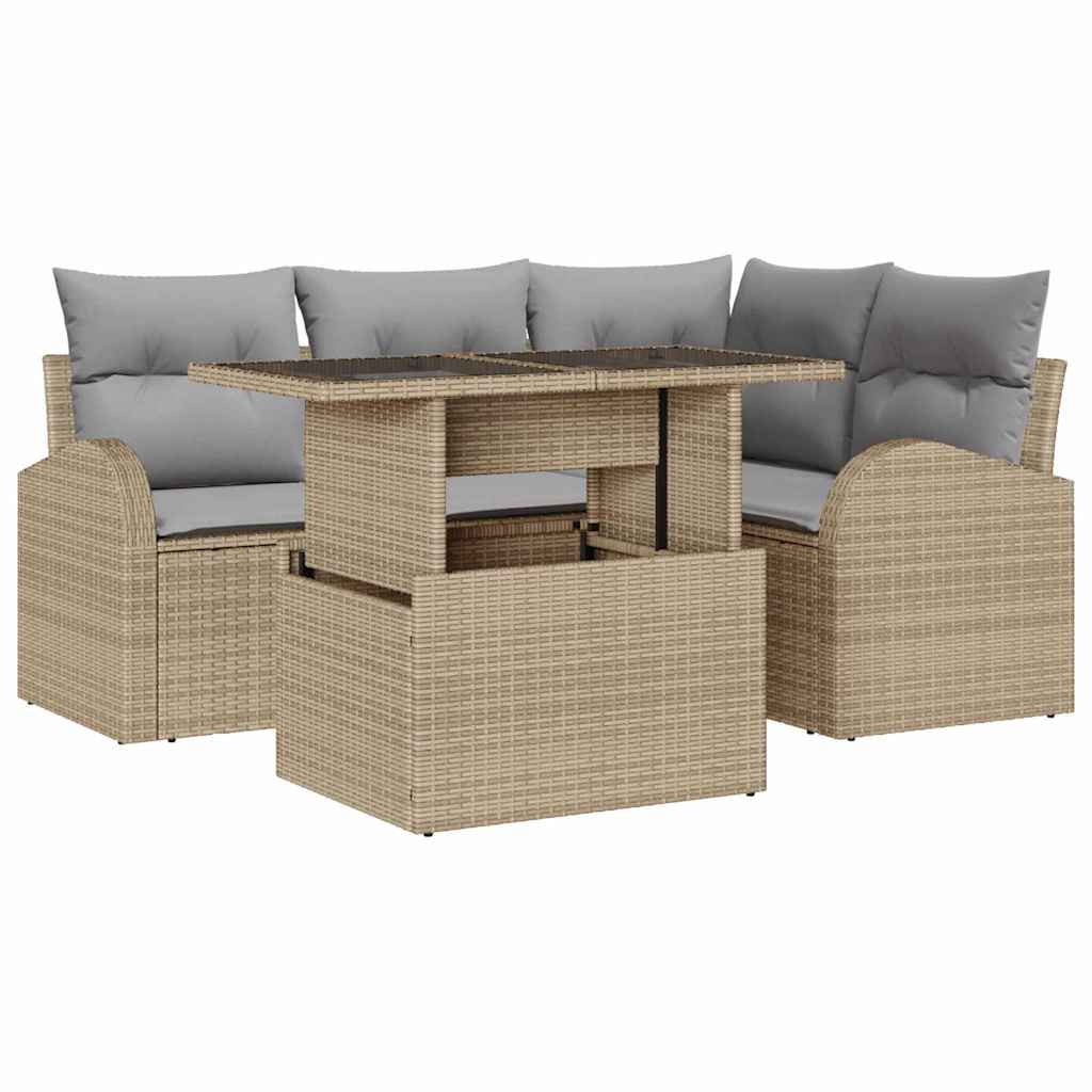 Tuin Sofa Set met kussen met opslag 5 pcs Beige Poly riet is nu te koop bij PeponiXL, paradijselijk wonen!