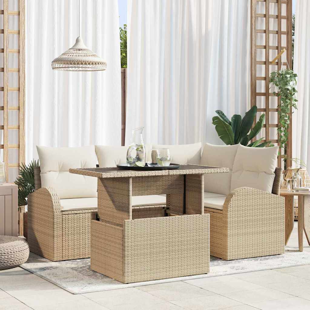 Tuin Sofa Set met kussen met opslag 5 pcs Beige Poly riet is nu te koop bij PeponiXL, paradijselijk wonen!