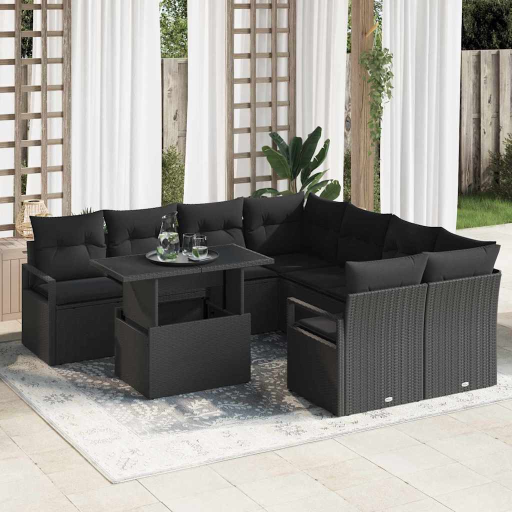 Tuin Sofa Set met kussen met opslag 9 pcs Zwart Poly riet is nu te koop bij PeponiXL, paradijselijk wonen!
