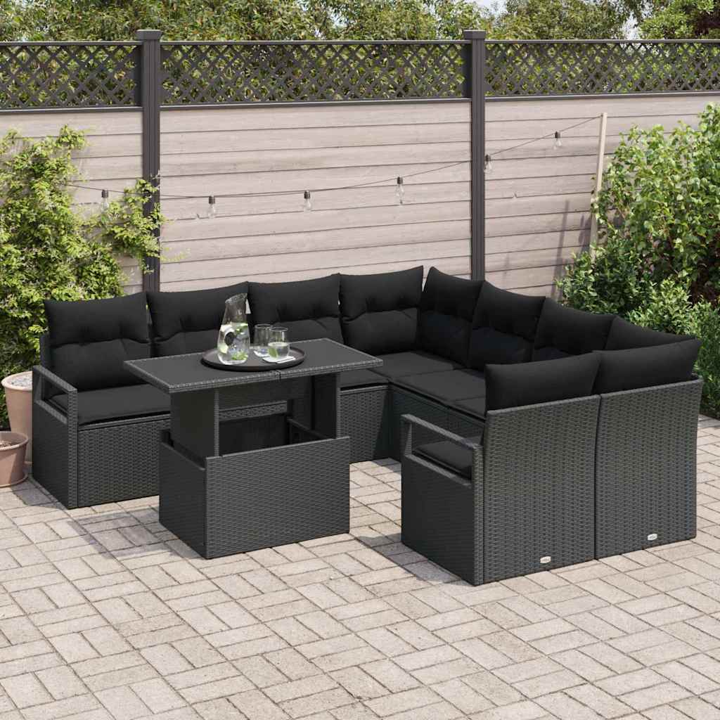 Tuin Sofa Set met kussen met opslag 9 pcs Zwart Poly riet is nu te koop bij PeponiXL, paradijselijk wonen!