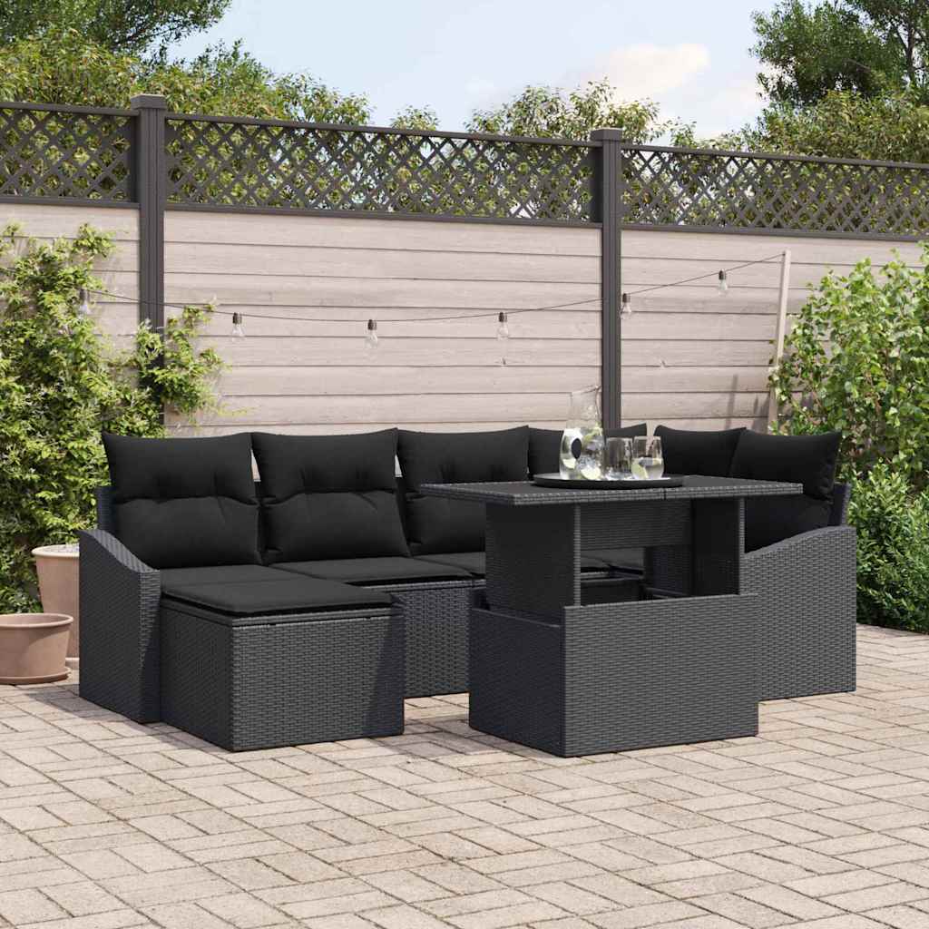 Tuin Sofa Set 7 pcs Zwart Poly Rattan en Poedergecoat Staal is nu te koop bij PeponiXL, paradijselijk wonen!