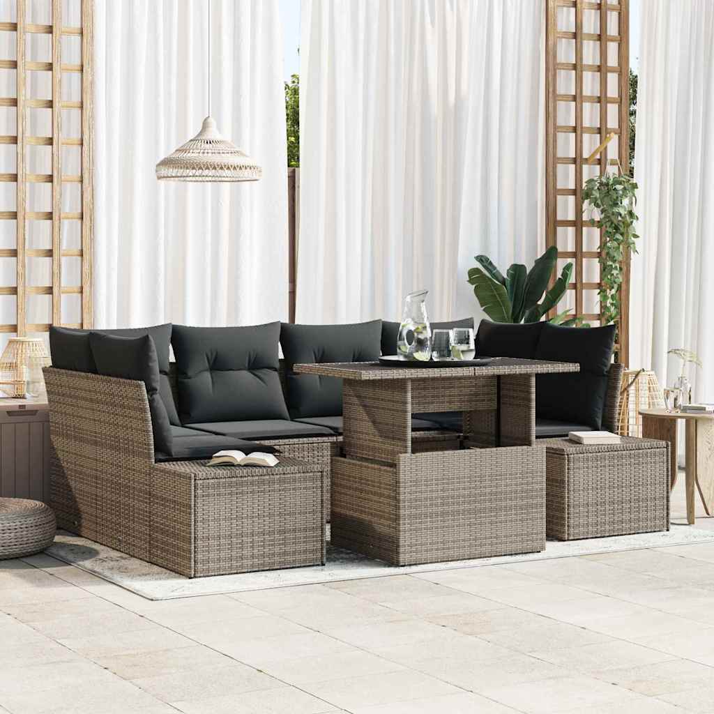 Tuin Sofa Set 7 pcs Grijs Poly Rattan en Poedergecoat Staal is nu te koop bij PeponiXL, paradijselijk wonen!