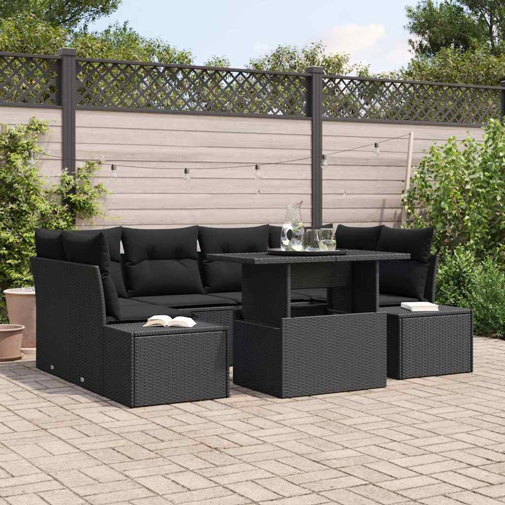 Tuin Sofa Set 7 pcs Zwart Poly Rattan en Poedergecoat Staal is nu te koop bij PeponiXL, paradijselijk wonen!