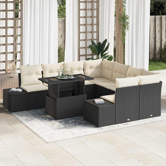 Tuin Sofa Set met kussen 9 pcs Zwart en Crème poly rattan is nu te koop bij PeponiXL, paradijselijk wonen!