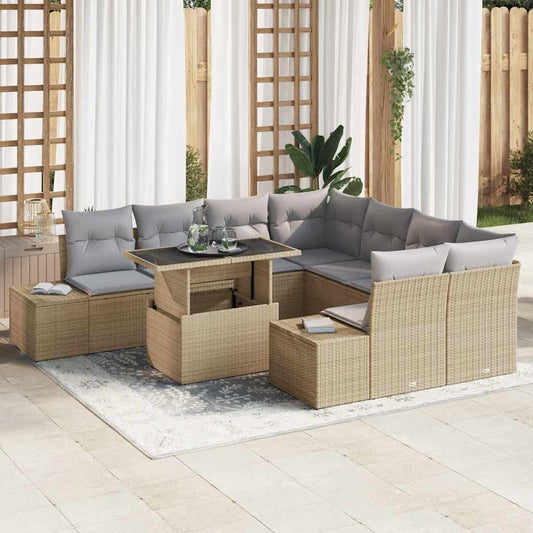 Tuin Sofa Set met kussen 9 pcs Beige en Licht Grijs poly rattan is nu te koop bij PeponiXL, paradijselijk wonen!
