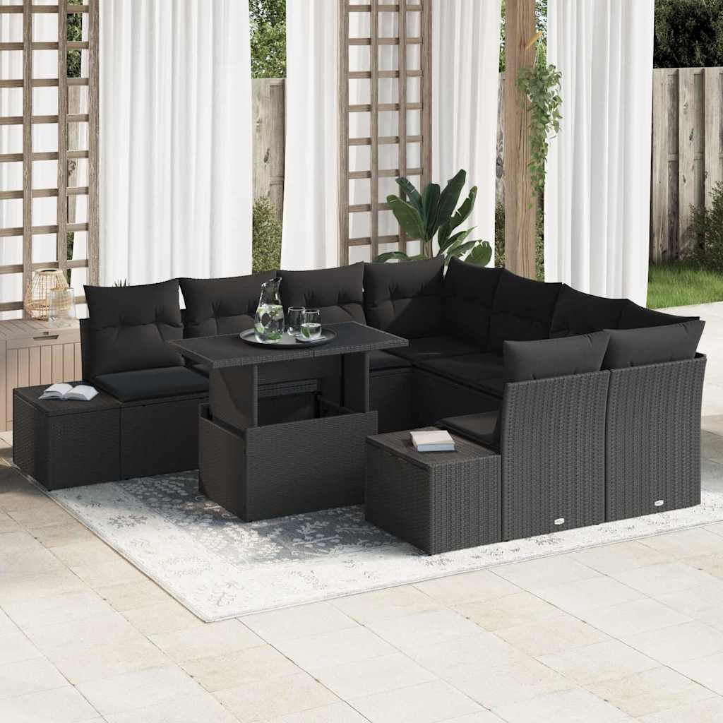 Tuin Sofa Set 9 pcs Zwart Poly Rattan en Poedergecoat Staal is nu te koop bij PeponiXL, paradijselijk wonen!