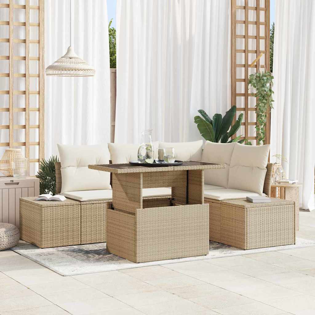 Tuin Sofa Set met kussen met opslag 5 pcs Beige poly rattan is nu te koop bij PeponiXL, paradijselijk wonen!
