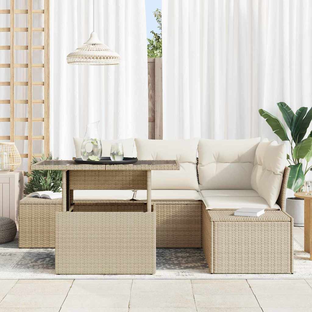 Tuin Sofa Set met kussen met opslag 5 pcs Beige poly rattan is nu te koop bij PeponiXL, paradijselijk wonen!