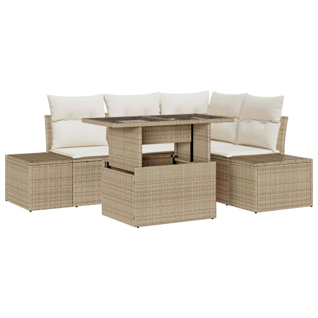 Tuin Sofa Set met kussen met opslag 5 pcs Beige poly rattan is nu te koop bij PeponiXL, paradijselijk wonen!