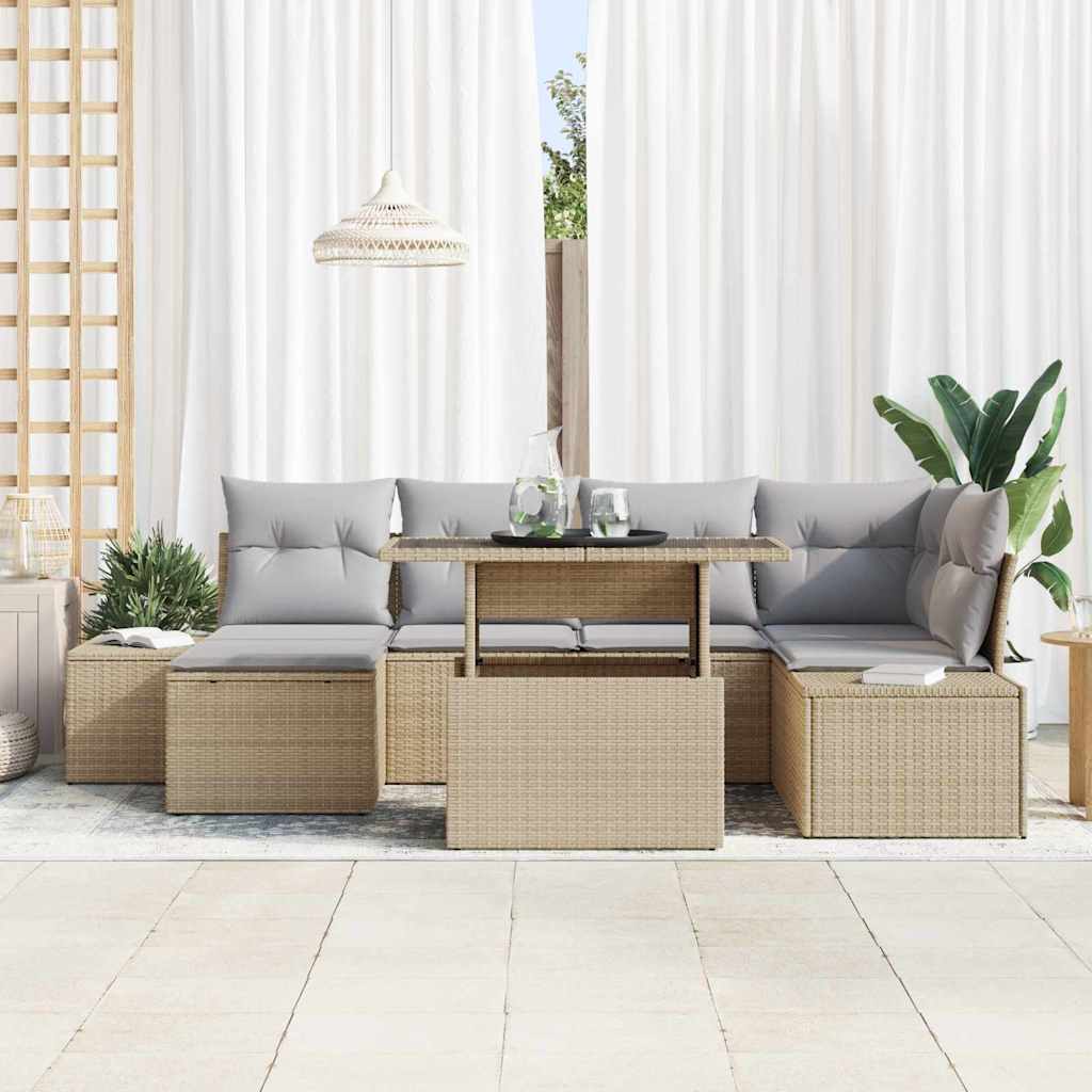 Tuin Sofa Set met opslag 7 pcs Beige Poly riet is nu te koop bij PeponiXL, paradijselijk wonen!