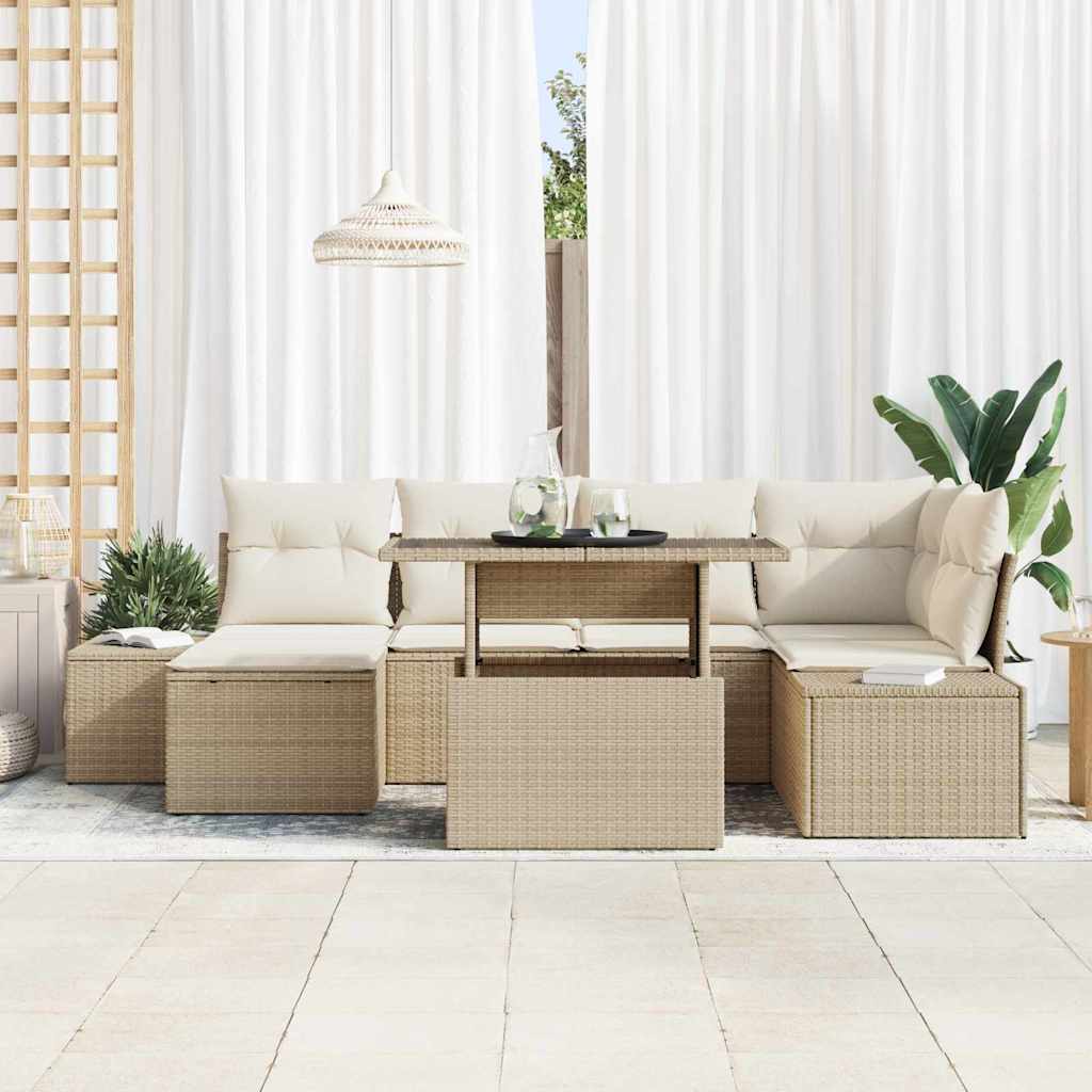 Tuin Sofa Set met opslag 7 pcs Beige Poly riet is nu te koop bij PeponiXL, paradijselijk wonen!