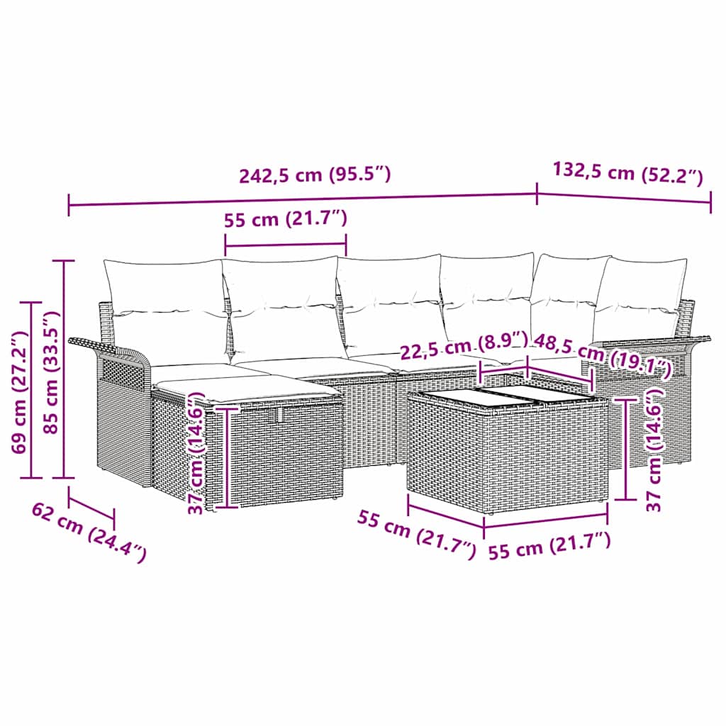 Tuin Sofa Set met kussen 7 pcs Lichtgrijs poly rattan is nu te koop bij PeponiXL, paradijselijk wonen!