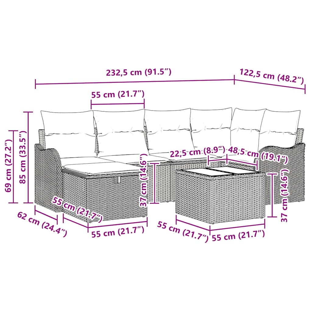 Tuin Sofa Set met kussen 7 pcs Zwart en crème Poly riet is nu te koop bij PeponiXL, paradijselijk wonen!