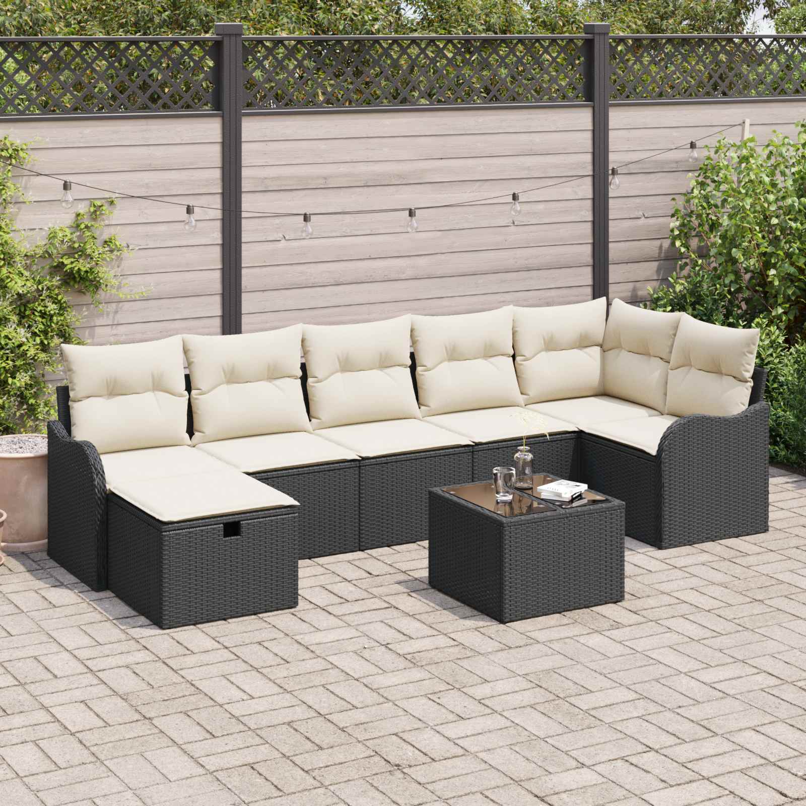 Bankstel met kussen met opslag 8 pcs Zwart en Crème poly rattan is nu te koop bij PeponiXL, paradijselijk wonen!