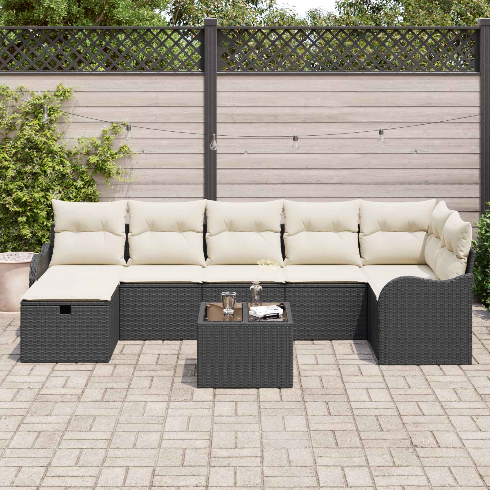 Bankstel met kussen met opslag 8 pcs Zwart en Crème poly rattan is nu te koop bij PeponiXL, paradijselijk wonen!