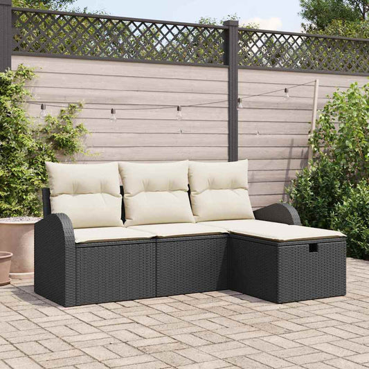 Bankstel met kussen met opslag 4 pcs Zwart en Crème poly rattan is nu te koop bij PeponiXL, paradijselijk wonen!
