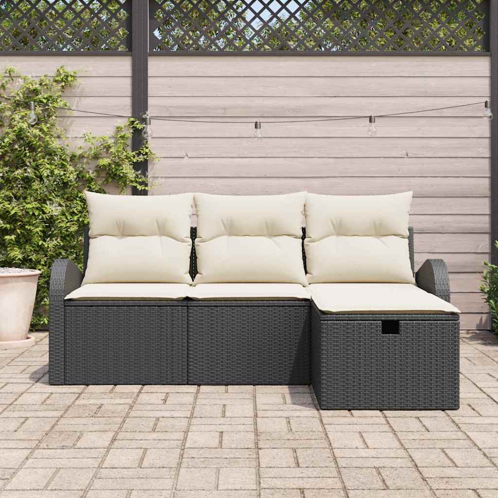 Bankstel met kussen met opslag 4 pcs Zwart en Crème poly rattan is nu te koop bij PeponiXL, paradijselijk wonen!