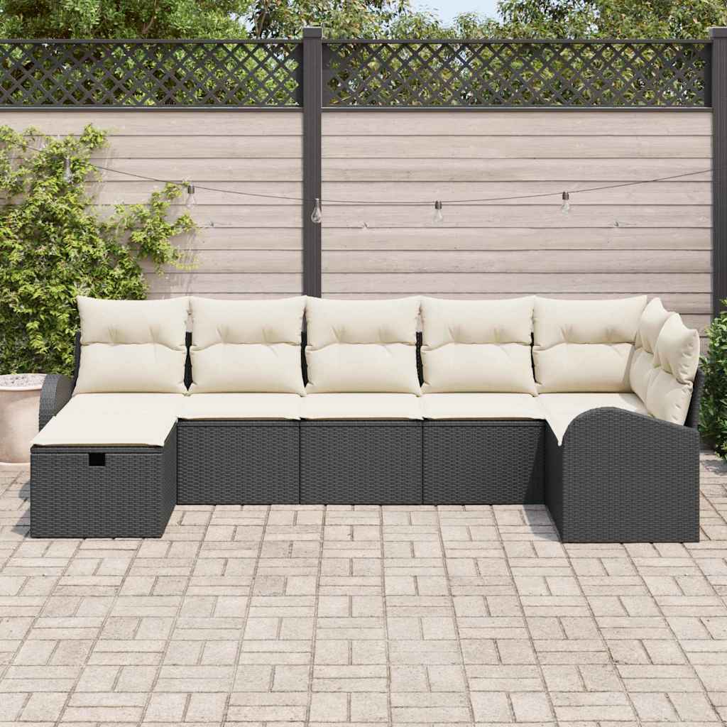 Bankstel met kussen met opslag 7 pcs Zwart en Crème poly rattan is nu te koop bij PeponiXL, paradijselijk wonen!