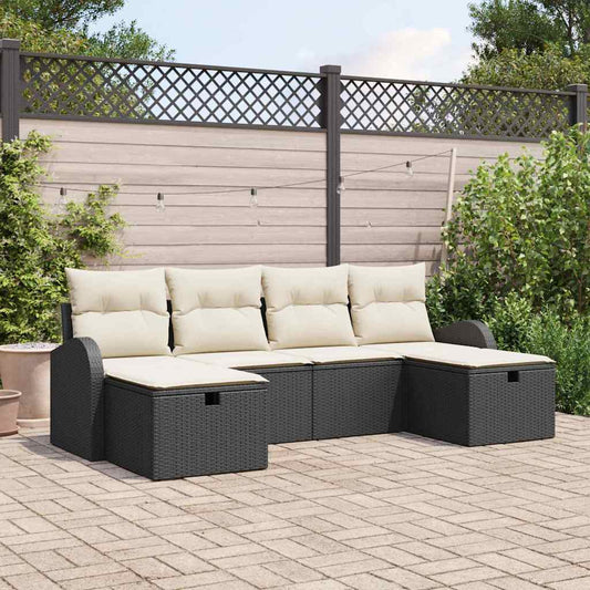 Bankstel met kussen met opslag 6 pcs Zwart en Crème poly rattan is nu te koop bij PeponiXL, paradijselijk wonen!
