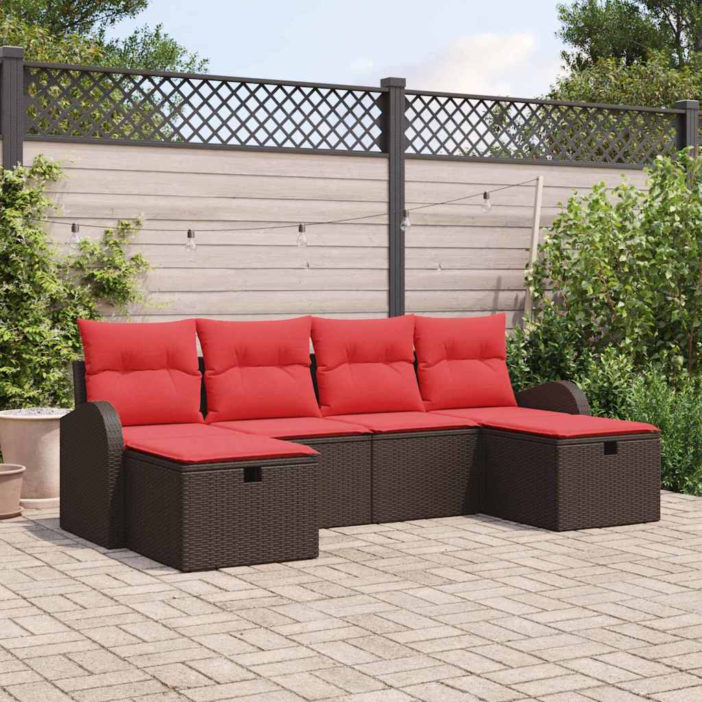 Bankstel met kussen met opslag 6 pcs Bruin en Rood poly rattan is nu te koop bij PeponiXL, paradijselijk wonen!