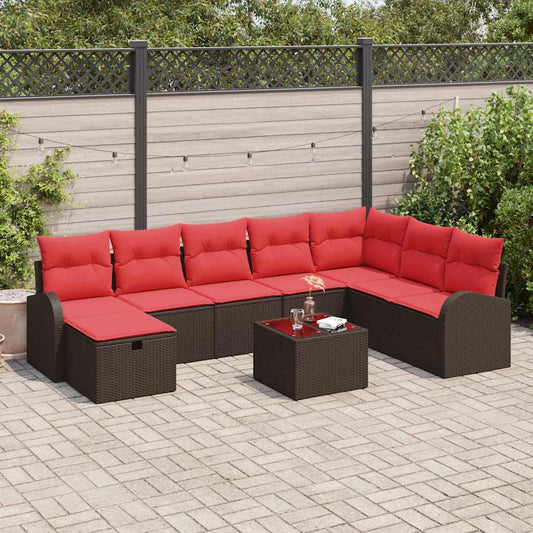 Bankstel met kussen met opslag 9 pcs Bruin en Rood poly rattan is nu te koop bij PeponiXL, paradijselijk wonen!