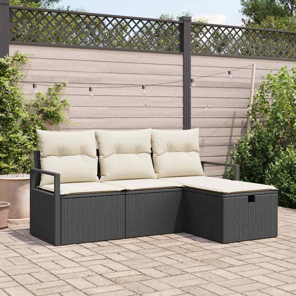 Bankstel met kussen met opslag 4 pcs Zwart en Crème poly rattan is nu te koop bij PeponiXL, paradijselijk wonen!