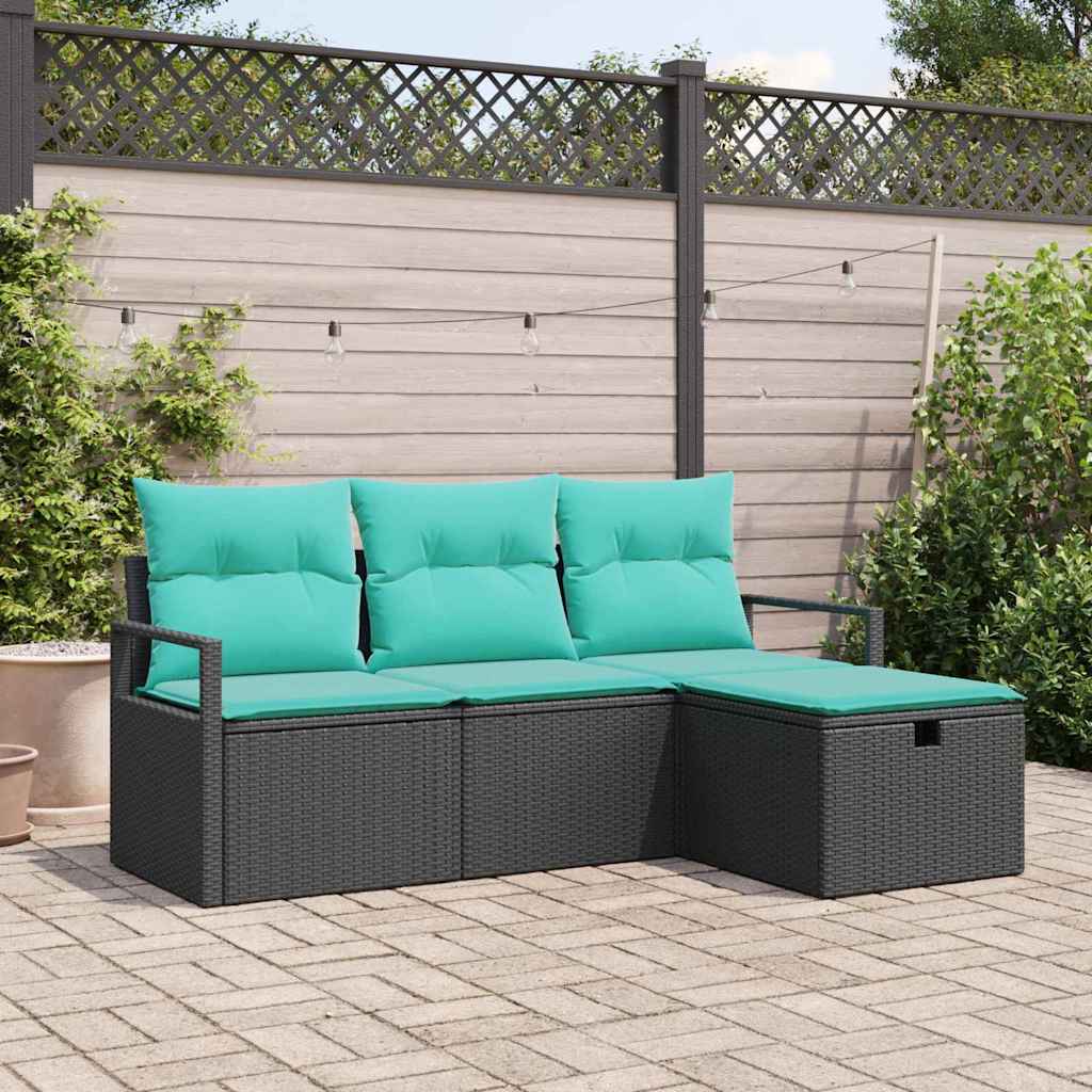 Bankstel met kussen 4 pcs Zwart en Turquoise poly rattan is nu te koop bij PeponiXL, paradijselijk wonen!