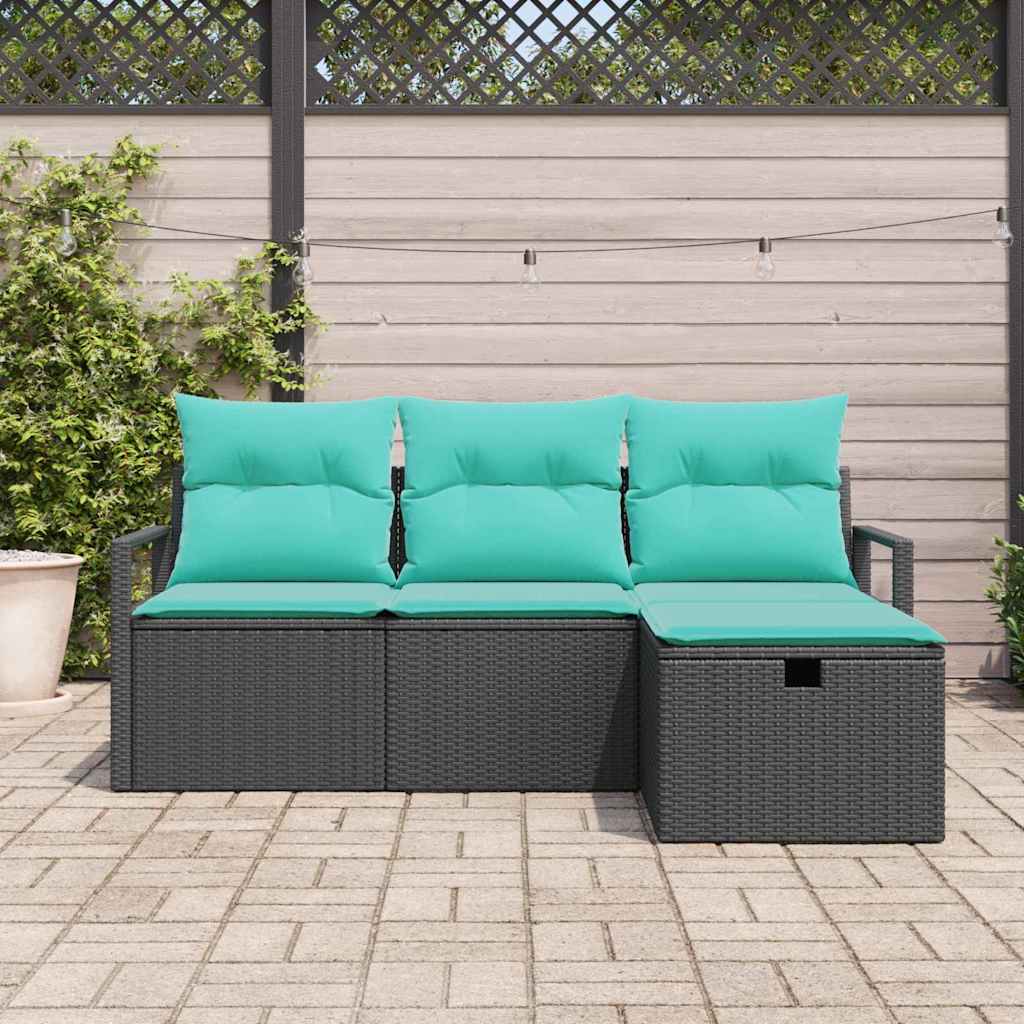 Bankstel met kussen 4 pcs Zwart en Turquoise poly rattan is nu te koop bij PeponiXL, paradijselijk wonen!