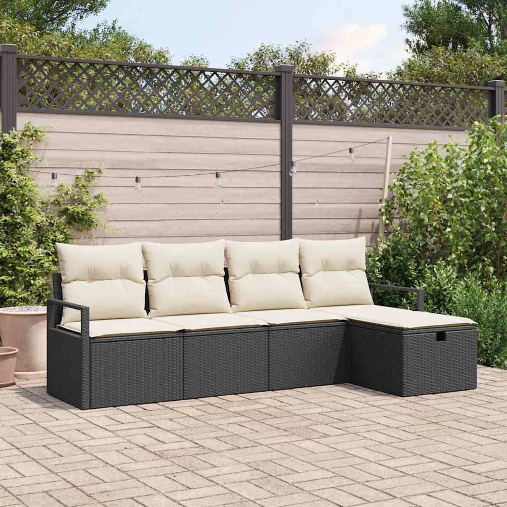 Bankstel met kussen met opslag 5 pcs Zwart en Crème poly rattan is nu te koop bij PeponiXL, paradijselijk wonen!