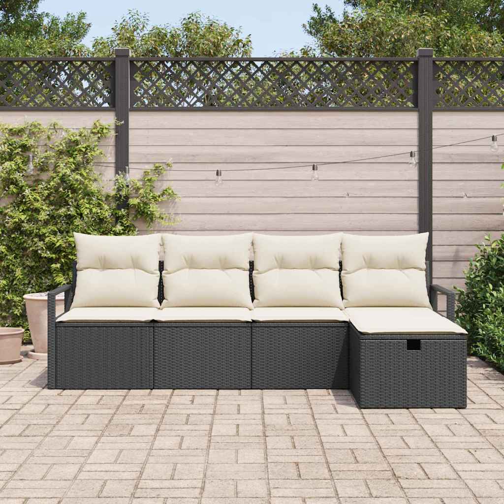 Bankstel met kussen met opslag 5 pcs Zwart en Crème poly rattan is nu te koop bij PeponiXL, paradijselijk wonen!
