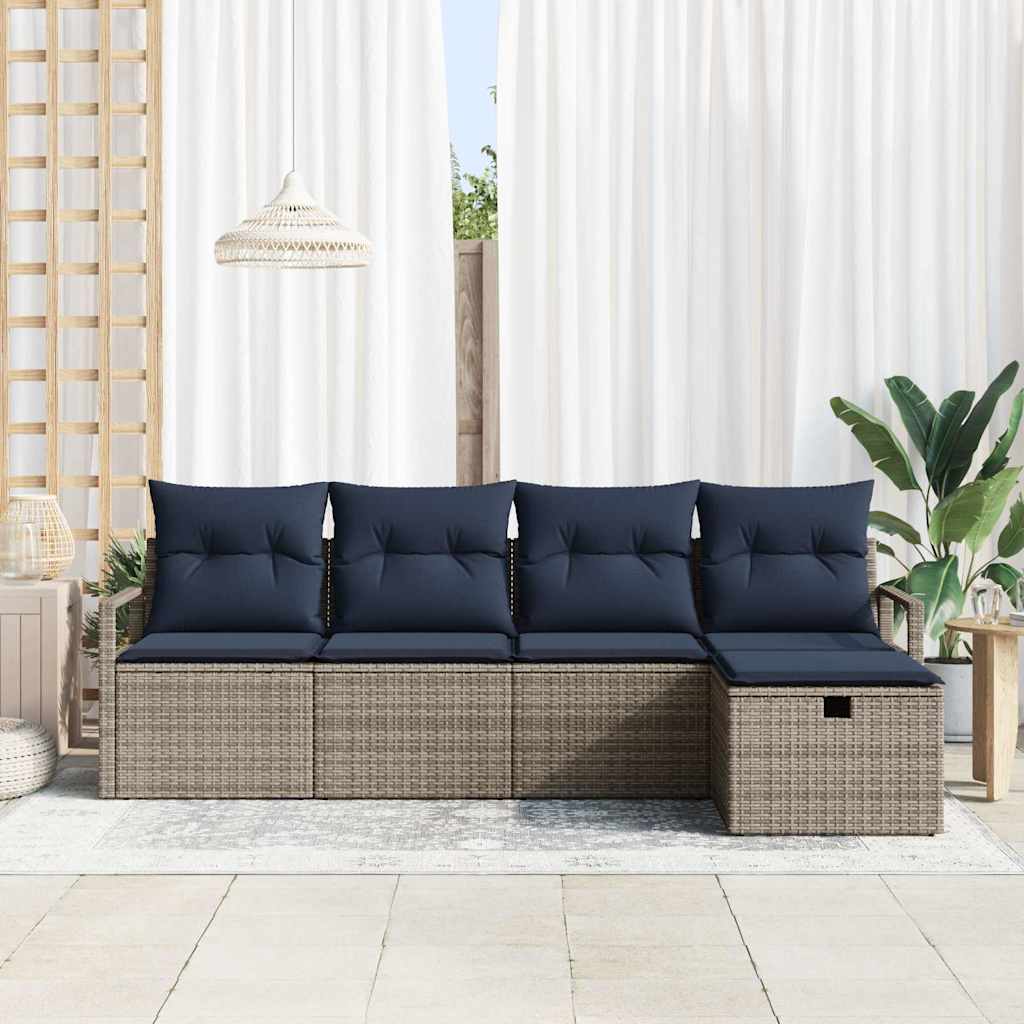 Bankstel met kussen 5 pcs Grijs en Marineblauw poly rattan is nu te koop bij PeponiXL, paradijselijk wonen!