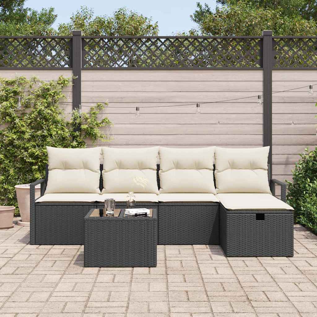 Bankstel met kussen met opslag 6 pcs Zwart en Crème poly rattan is nu te koop bij PeponiXL, paradijselijk wonen!