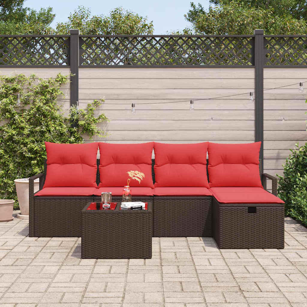 Bankstel met kussen met opslag 6 pcs Bruin en Rood poly rattan is nu te koop bij PeponiXL, paradijselijk wonen!