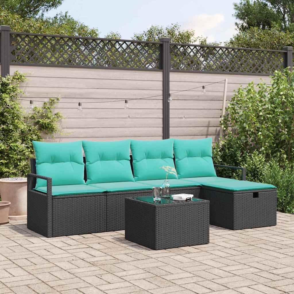 Bankstel met kussen 6 pcs Zwart en Turquoise poly rattan is nu te koop bij PeponiXL, paradijselijk wonen!