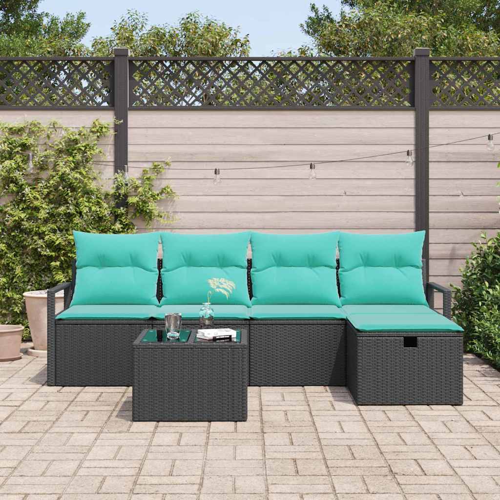 Bankstel met kussen 6 pcs Zwart en Turquoise poly rattan is nu te koop bij PeponiXL, paradijselijk wonen!
