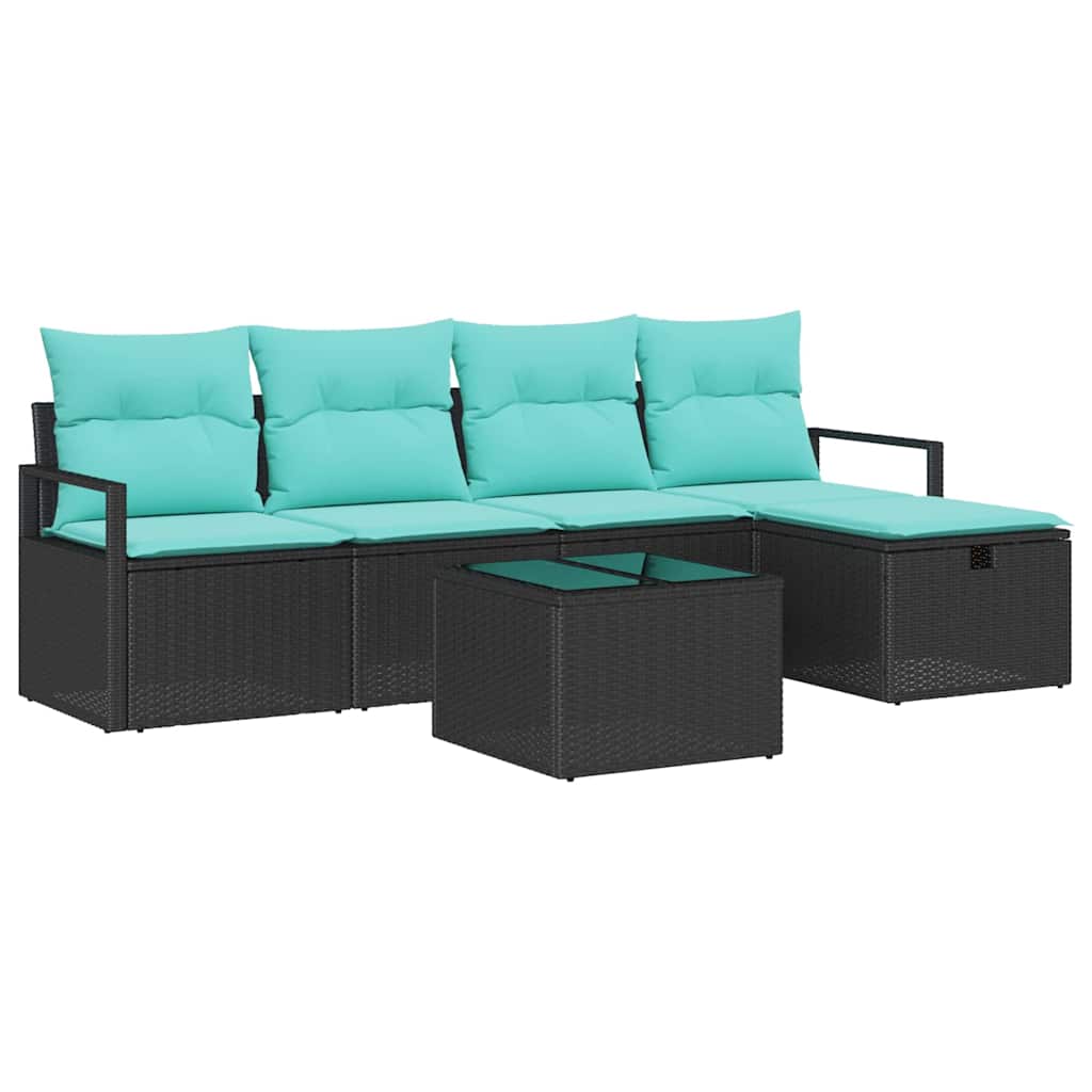 Bankstel met kussen 6 pcs Zwart en Turquoise poly rattan is nu te koop bij PeponiXL, paradijselijk wonen!