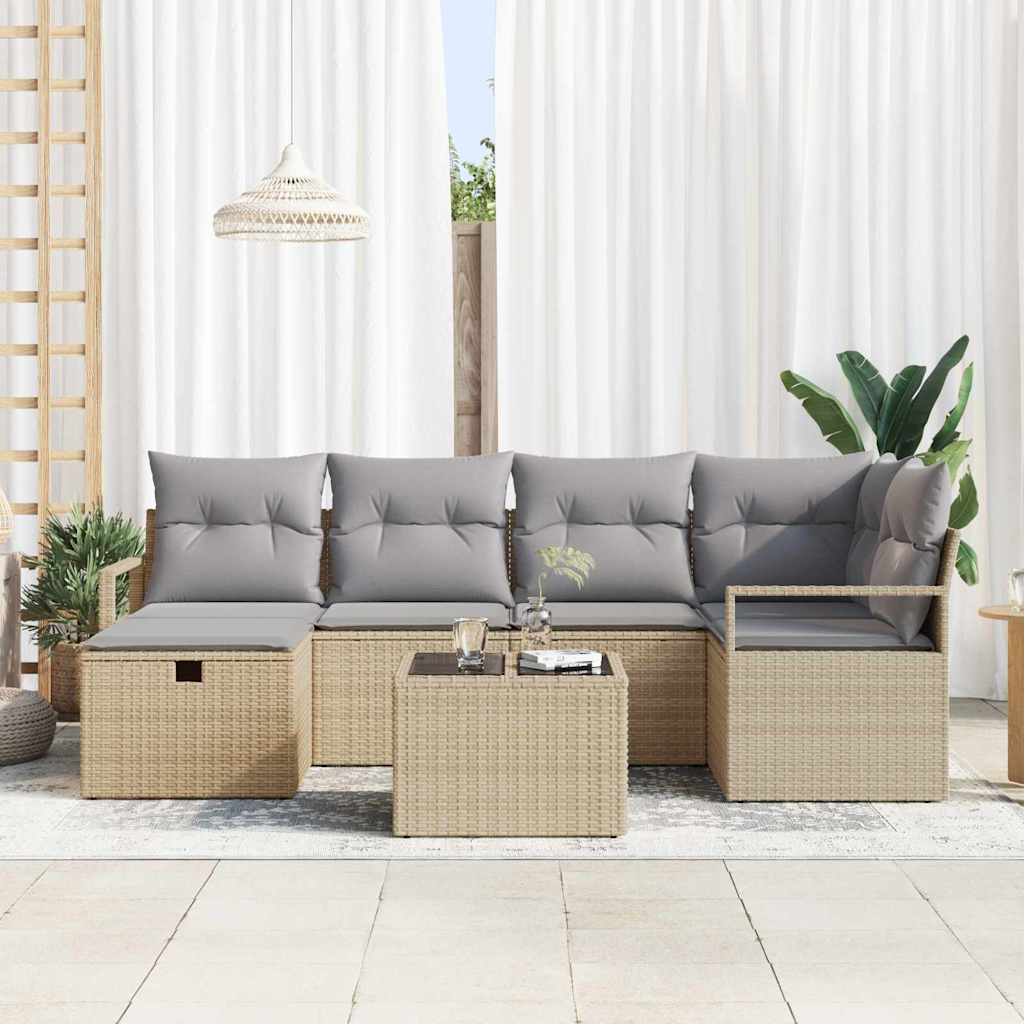 Bankstel met kussen 7 pcs Beige en Licht Grijs poly rattan is nu te koop bij PeponiXL, paradijselijk wonen!
