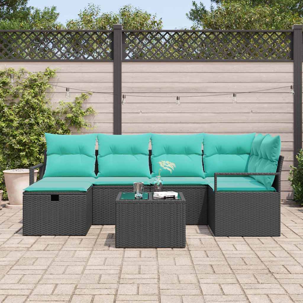 Bankstel met kussen 7 pcs Zwart en Turquoise poly rattan is nu te koop bij PeponiXL, paradijselijk wonen!