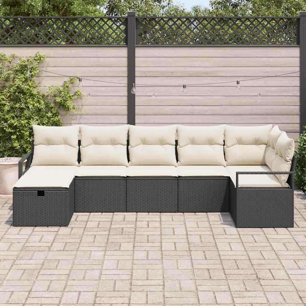 Bankstel met kussen met opslag 7 pcs Zwart en Crème poly rattan is nu te koop bij PeponiXL, paradijselijk wonen!