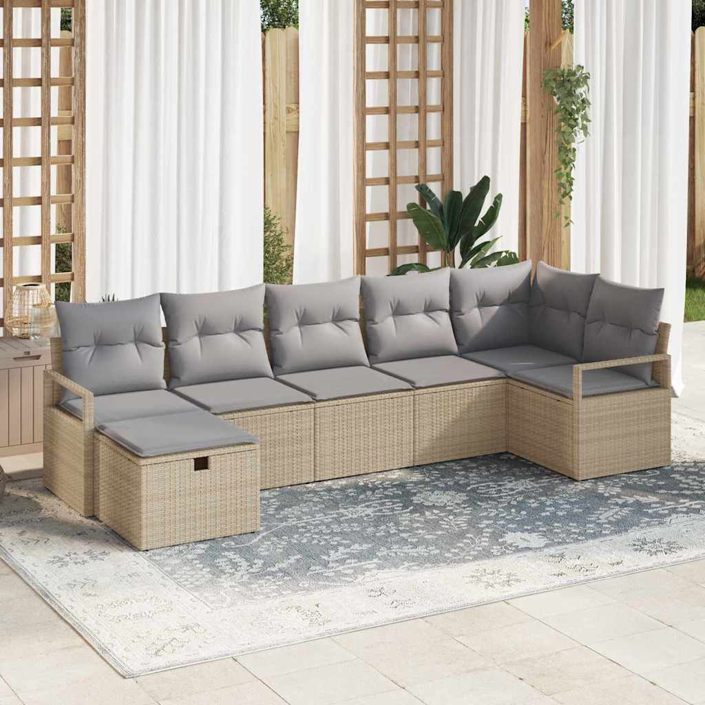 Bankstel met kussen 7 pcs Beige en Licht Grijs poly rattan is nu te koop bij PeponiXL, paradijselijk wonen!