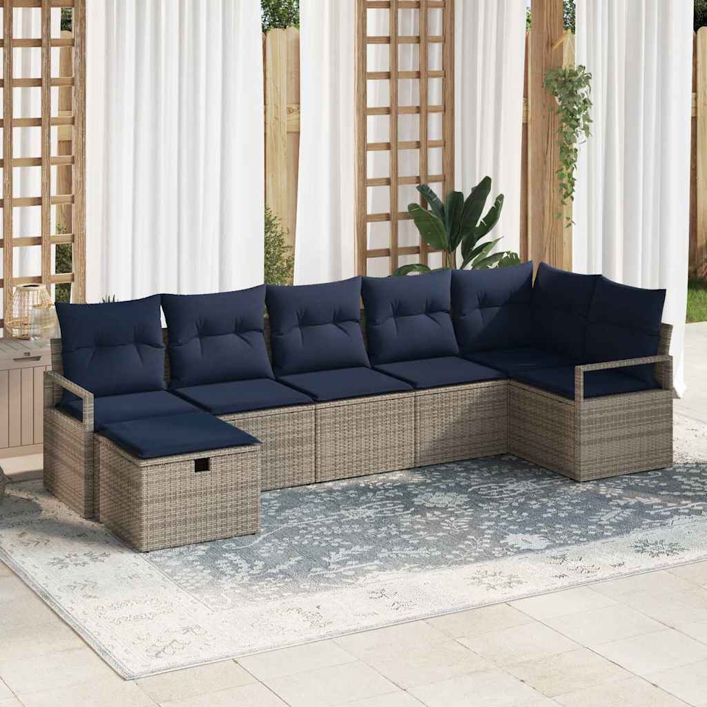 Bankstel met kussen 7 pcs Grijs en Marineblauw poly rattan is nu te koop bij PeponiXL, paradijselijk wonen!