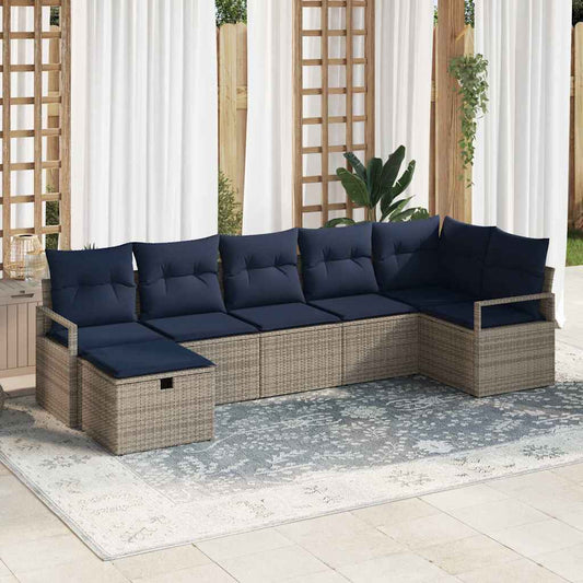 Bankstel met kussen 7 pcs Grijs en Marineblauw poly rattan is nu te koop bij PeponiXL, paradijselijk wonen!