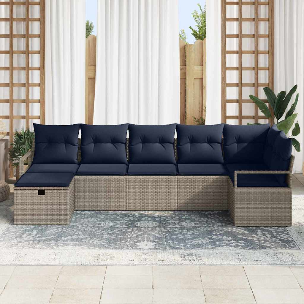 Bankstel met kussen 7 pcs Grijs en Marineblauw poly rattan is nu te koop bij PeponiXL, paradijselijk wonen!