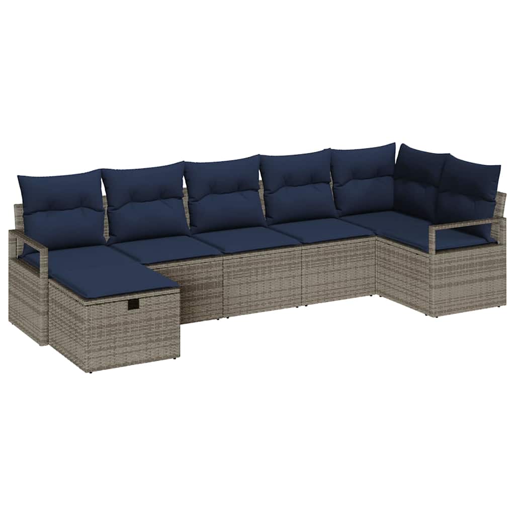 Bankstel met kussen 7 pcs Grijs en Marineblauw poly rattan is nu te koop bij PeponiXL, paradijselijk wonen!