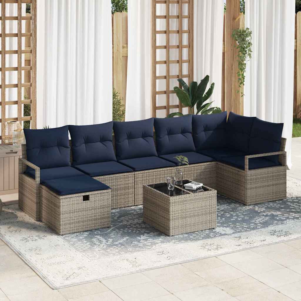 Bankstel met kussen 8 pcs Grijs en Marineblauw poly rattan is nu te koop bij PeponiXL, paradijselijk wonen!