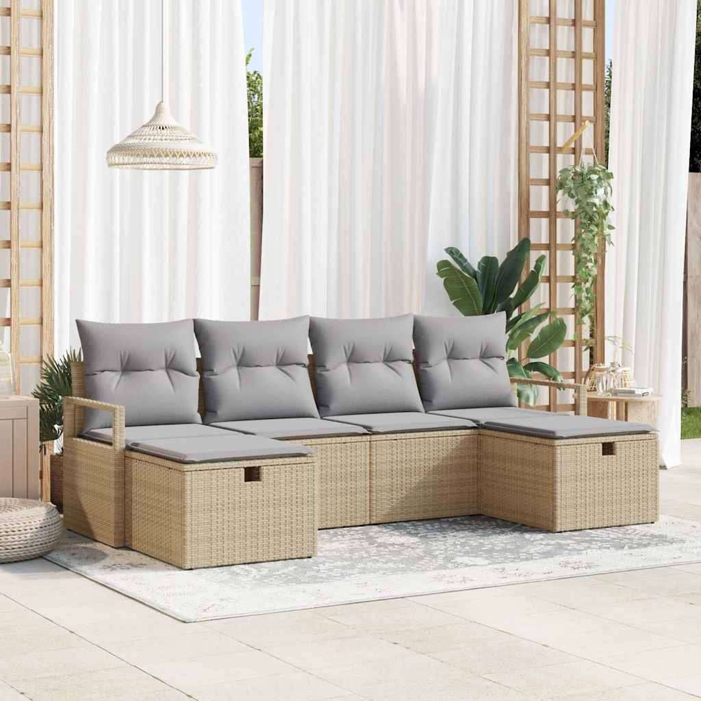 Bankstel met kussen 6 pcs Beige en Licht Grijs poly rattan is nu te koop bij PeponiXL, paradijselijk wonen!
