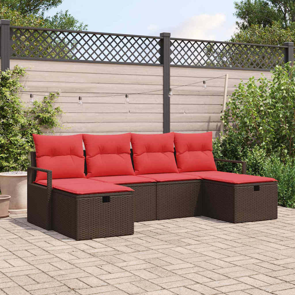 Bankstel met kussen met opslag 6 pcs Bruin en Rood poly rattan is nu te koop bij PeponiXL, paradijselijk wonen!